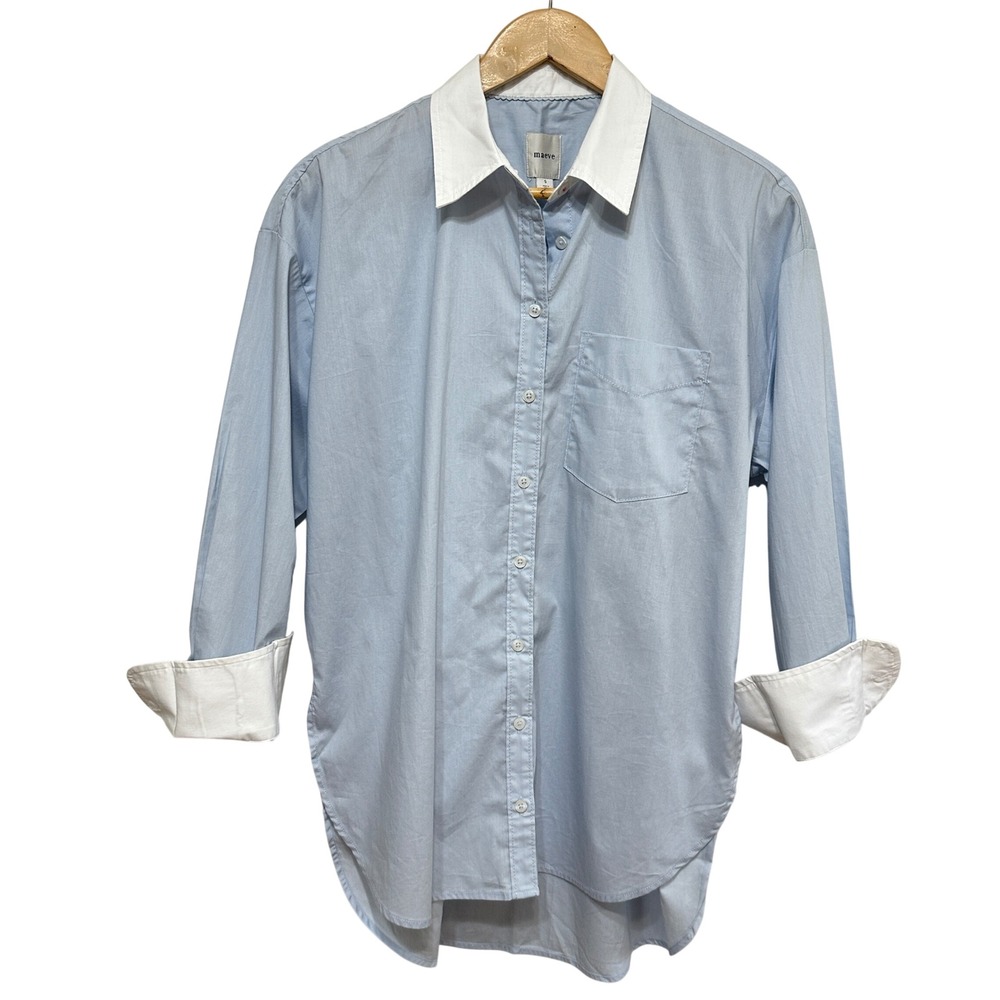 Maeve Button Down Shirt Women Small Blue White Oversized Cotton Preppy